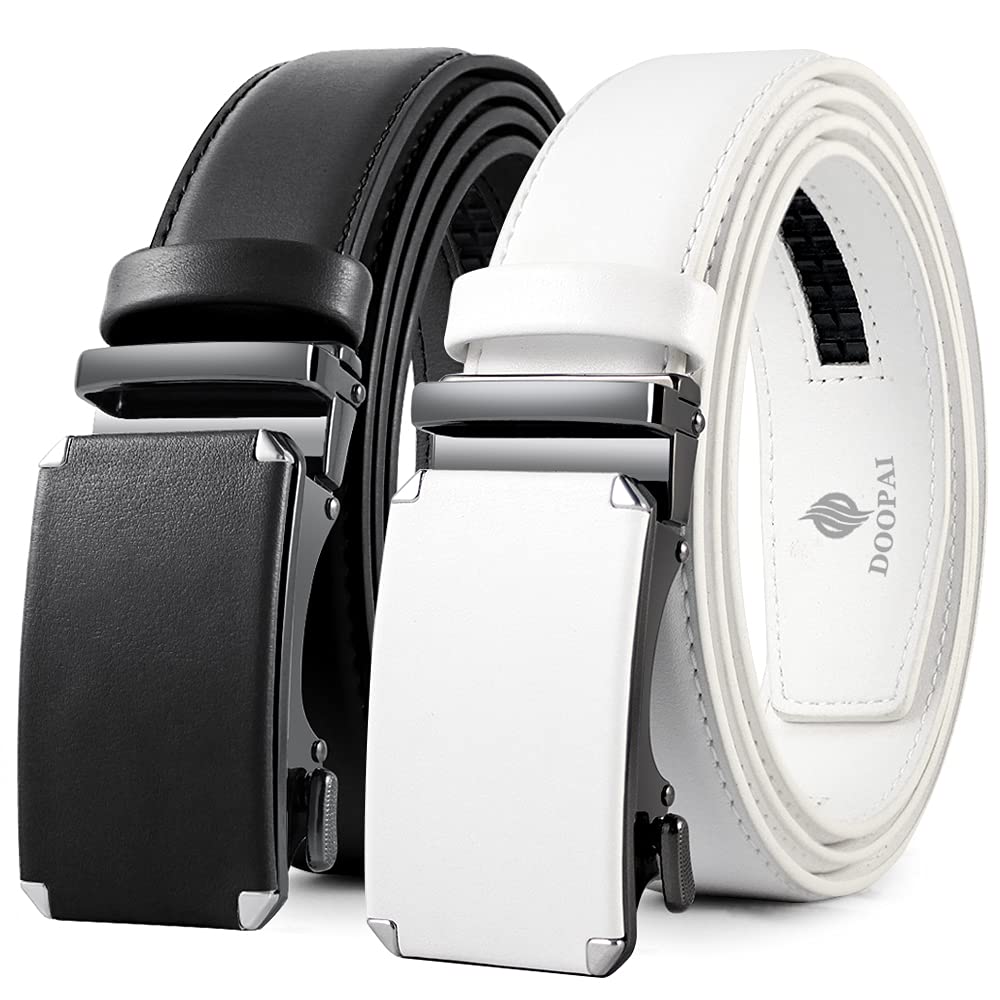 DOOPAI Men's 2 Pack Ratchet Dress Belt - Adjustable 1 3/8" Genuine Leather, Size Length Can Be Cut, With Gift Box