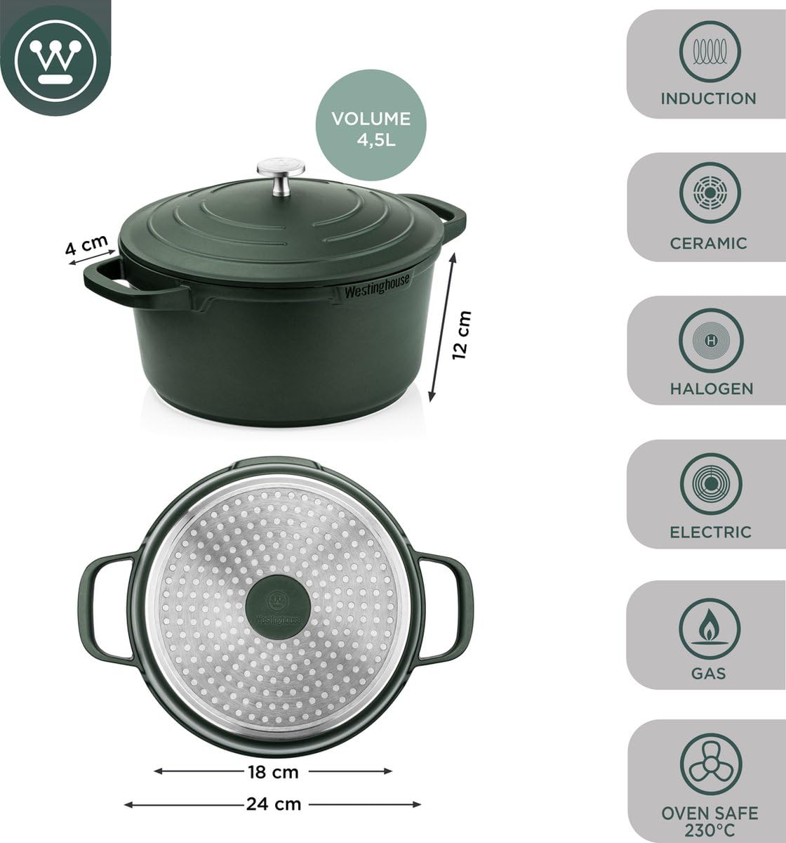 Westinghouse PERFORMANCE SERIES - Pentola grande, 24 cm, per piani cottura a induzione e tutti i piani cottura, grande pentola con manico e coperchio, pentola rivestita, adatta al forno e alla