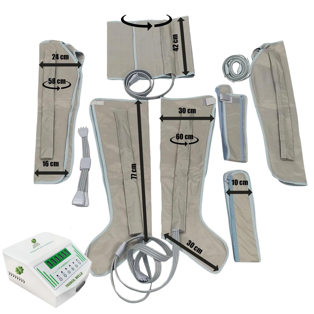 Equipo de Presoterapia Profesional Trébol Belle EXCLUSIVO tratamiento completo piernas, brazos y abdomen. 2 Perneras, 2 Brazales, Faja abdominal