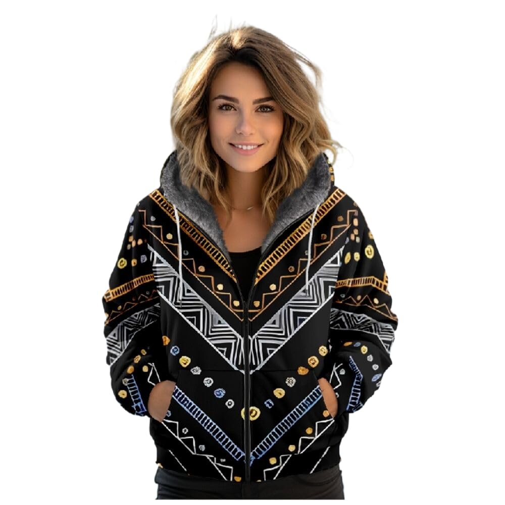 Veste D'Hiver À Capuche Pour Femme, Veste Polaire En Peluche, Imprimé Tribal Indien, Chaude Avec Poches Zippées Complètes, Veste De Survêtement, Cardigan Veste Matelassée Décontractée, Veste