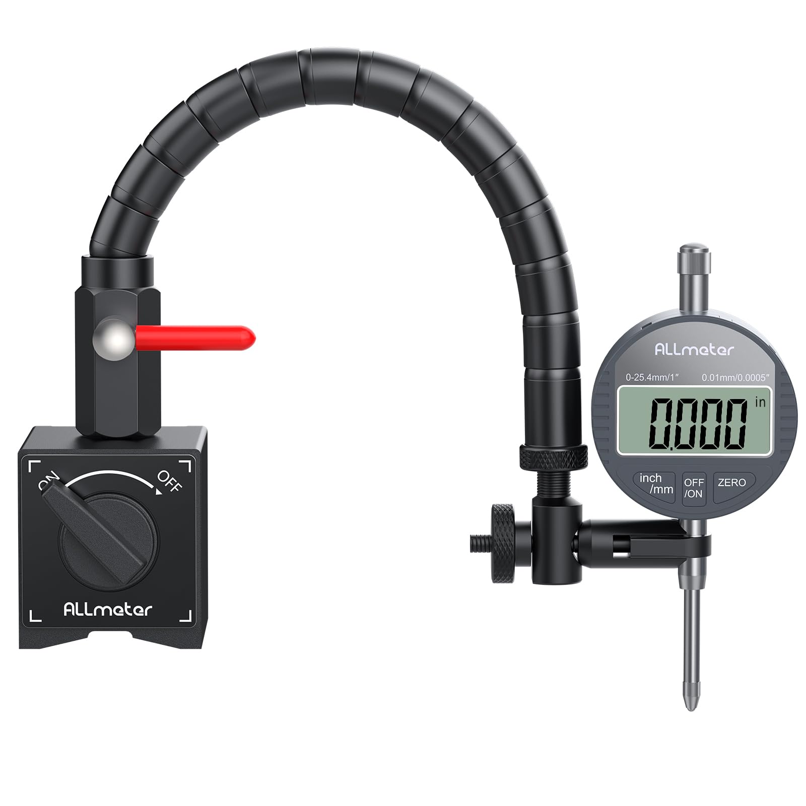 LCD Comparatore Centesimale 0-25.4mm con Base Magnetica Flessibile 80KG, Controllo ON/OFF, Indicatore Digitale di Precisione 0.01mm/0.0005" con Braccio Regolabile e Valigetta