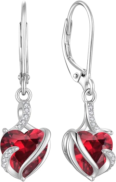 FJ Heart Birthstone Earrings for Women 925 Sterling Silver Leverback Dangle Drop Earrings Jewellery Gifts for Women Girls