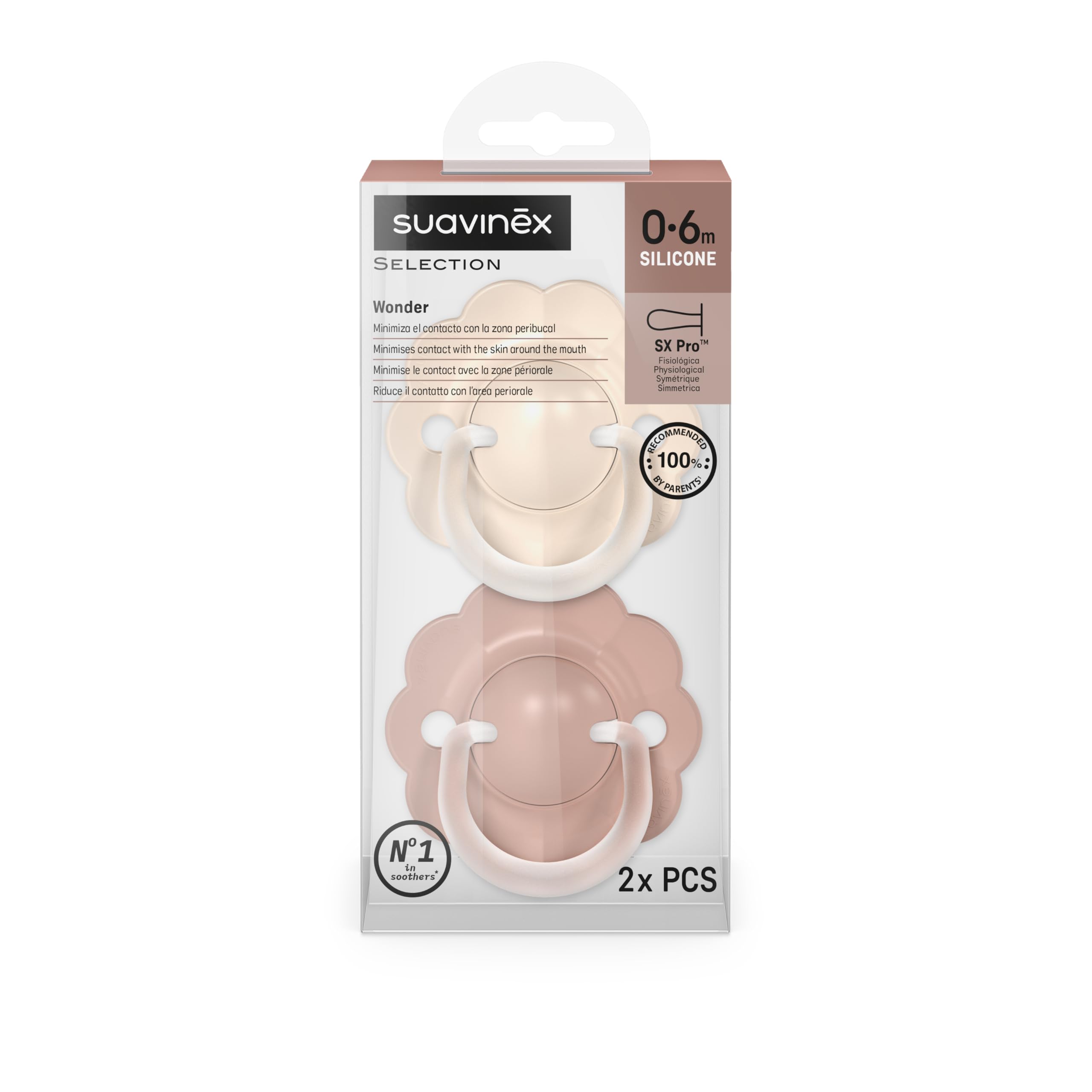 Suavinex, Pack 2 Chupetes Bebés 0/6 Meses y Recién Nacidos, con Tetina Fisiológica de Silicona SX Pro, Simétrica, Plana y Flexible, Respeta el Desarrollo Bucodental, con Anilla, Wonder Beige + Rosa — view 5