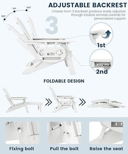 Miniatura 5 de FOOWIN Silla Adirondack plegable ajustable con otomana retráctil, silla Adirondack de polietileno de alta densidad con bandejas 4 en 1, resistente a