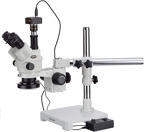 AmScope Microscopio de zoom estéreo simulfocal 3.5X-45X en soporte de brazo único con luz de anillo de 144 LED y cámara de 10MP