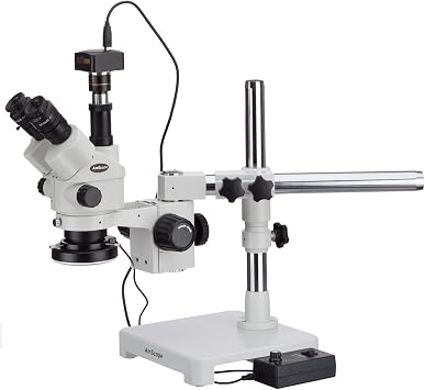 AmScope 3.5X-45X Simul-Focal Stereo Zoom Microscope on Single Arm Boom Stand with 144-LED Ring Light and 1.3MP Camera