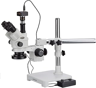 AmScope 3.5X-45X Simul-Focal Stereo Zoom Microscope on Single Arm Boom Stand with 144-LED Ring Light and 10MP Camera