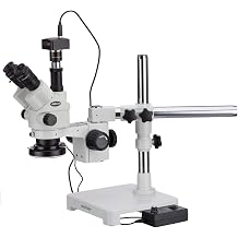 AmScope 3.5X-45X Simul-Focal Stereo Zoom Microscope on Single Arm Boom Stand with 144-LED Ring Light and 1.3MP Camera