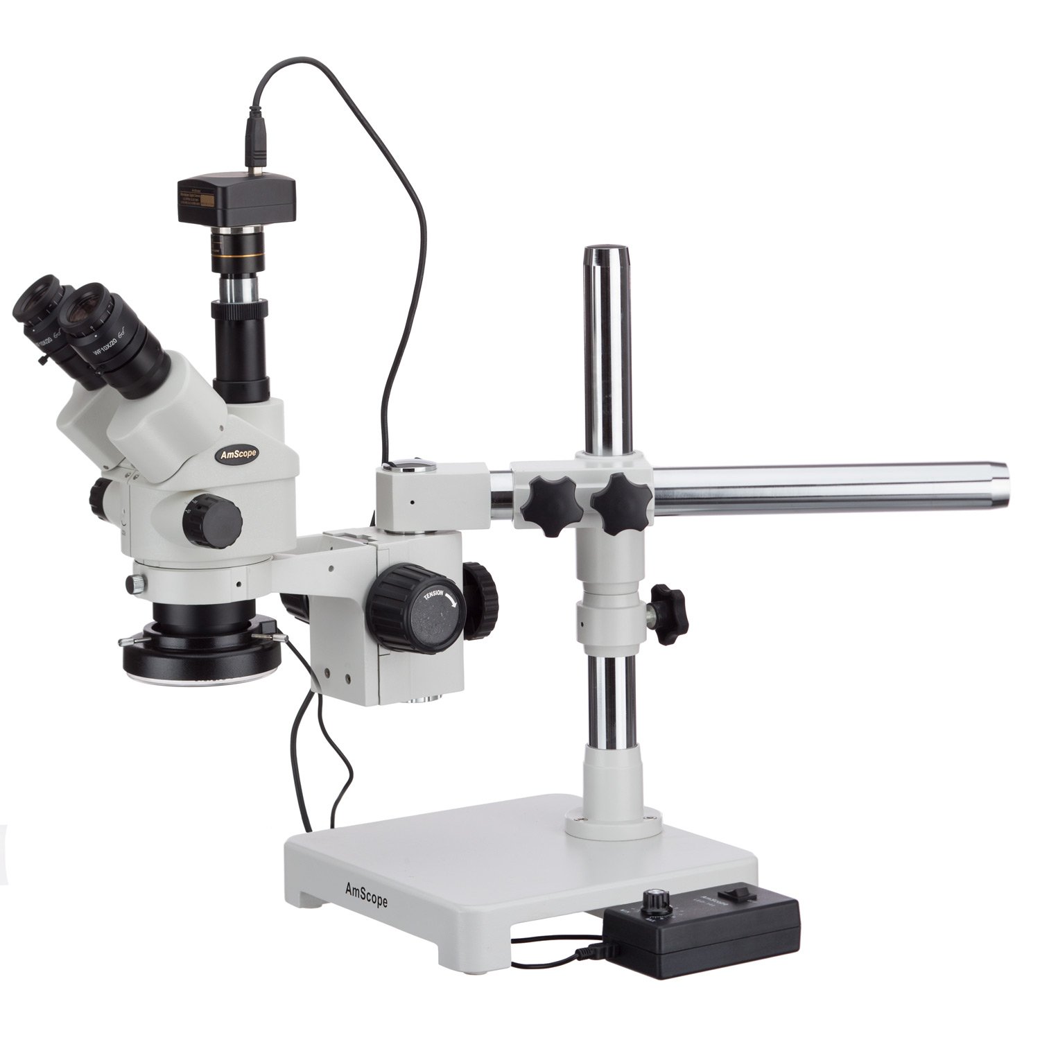 AmScope 3,5 x -45 X simul-focal Zoom microscopio estéreo en un brazo para soporte con 144-LED – Anillo de luz y cámara de 1,3 MP