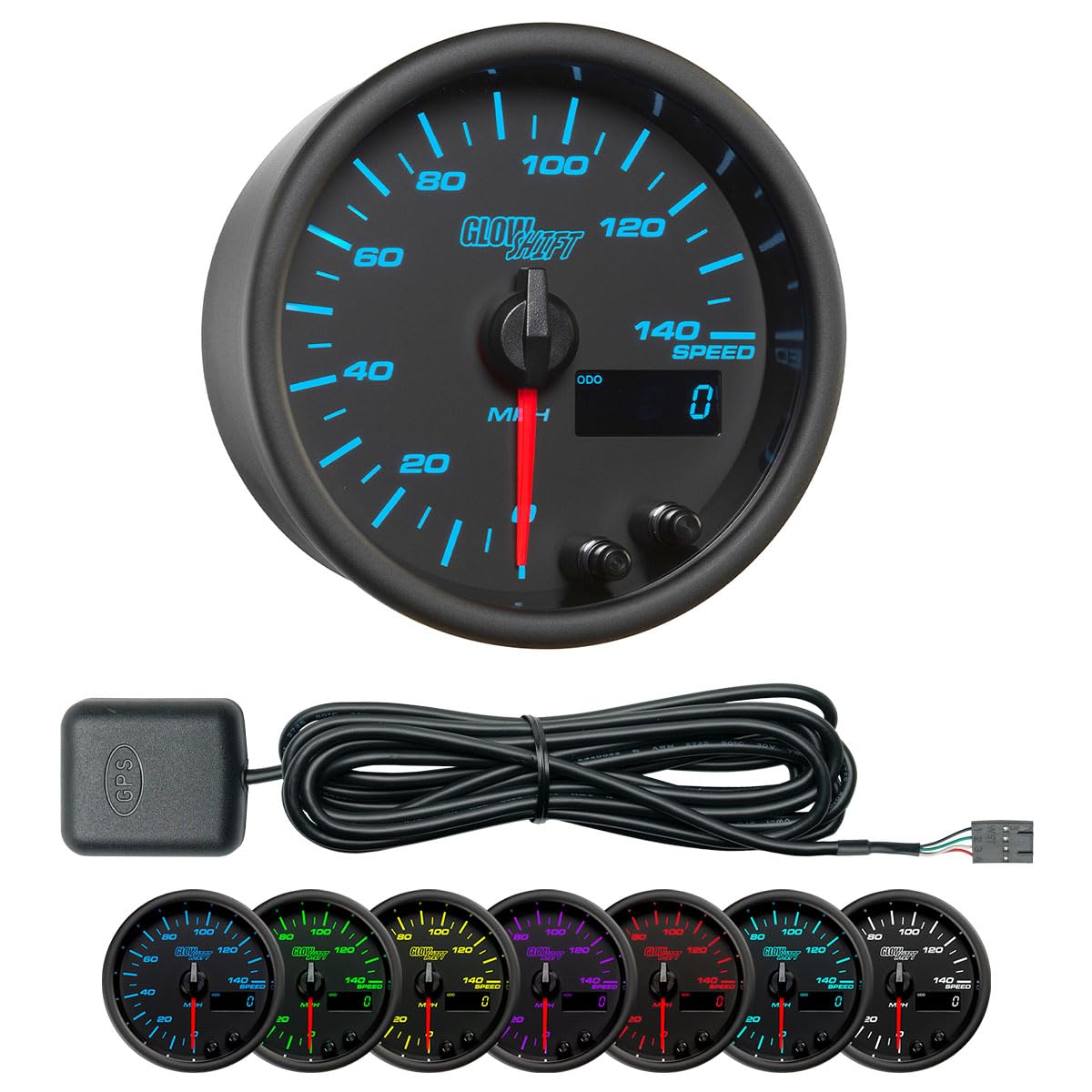 GlowShift Black 7 Color 140 MPH GPS Speedometer Gauge with Speed Sensor Antenna - Mounts in Custom Dashboard - Odometer - Resettable Trip Meter -