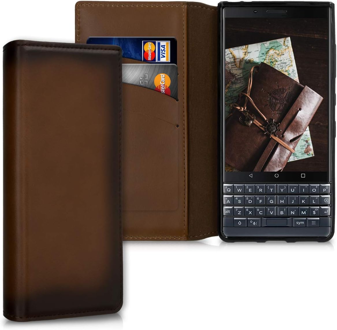 kalibri Case Compatible with Blackberry KEYtwo LE (Key2 LE) - Genuine Leather Cover with Card Slots Stand - Vintage Brown