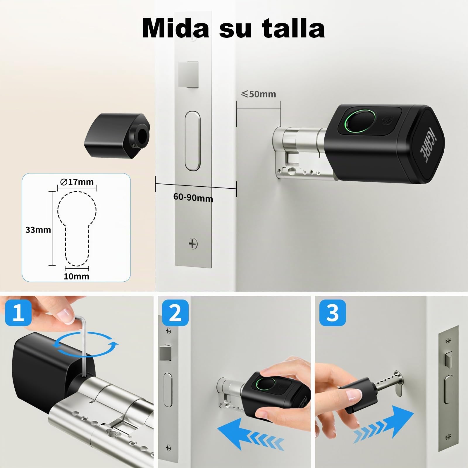 Cerradura Inteligente, Cilindro de Cerradura Ajustable 60-90mm (30/30, 45/45), Cerradura Electrónica para la Puerta de Entrada con RFID, App, Bluetooth, Teclado, WIFI, Smart Lock con Código Pin