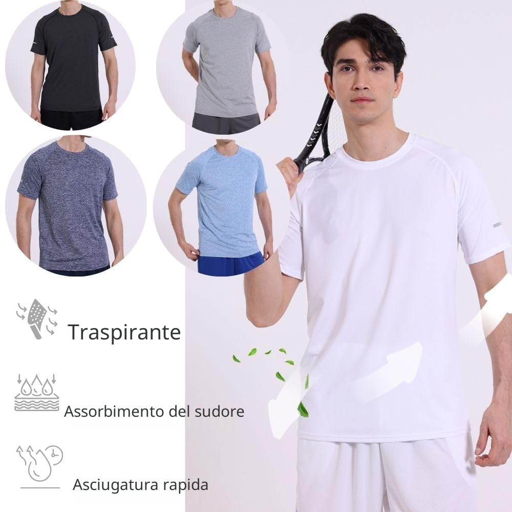 Confezione da 5 magliette sportive da uomo a girocollo, traspiranti e a maniche corte, per palestra, allenamenti, corsa