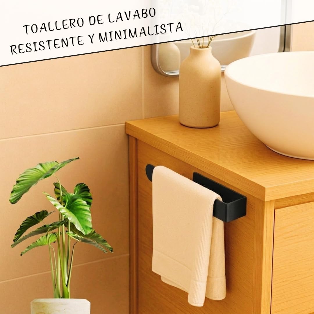 Accesorios Baño sin Taladro - Set de Baño 4 Piezas (Portarrollos Doble con Balda, Toallero y 2 Ganchos) - Accesorios Baño Negro Mate Texturizado - Kit de Instalación Incluido para un Montaje Sencillo