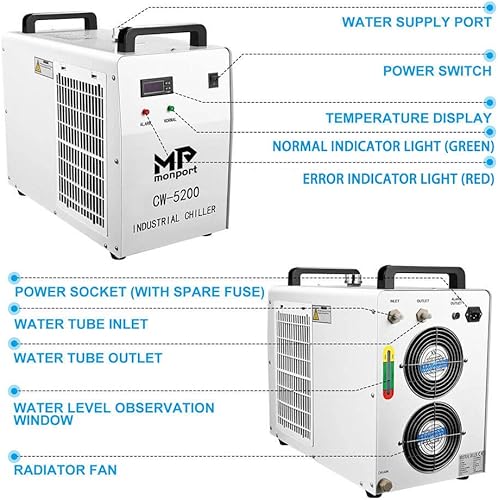 Miniatura 2 de Monport Enfriador de agua industrial 6L CW-5200 0.9hp 2.6Galmin Sistema de refrigeración por agua para 50W-150W CO2 Grabador láser y máquina de corte