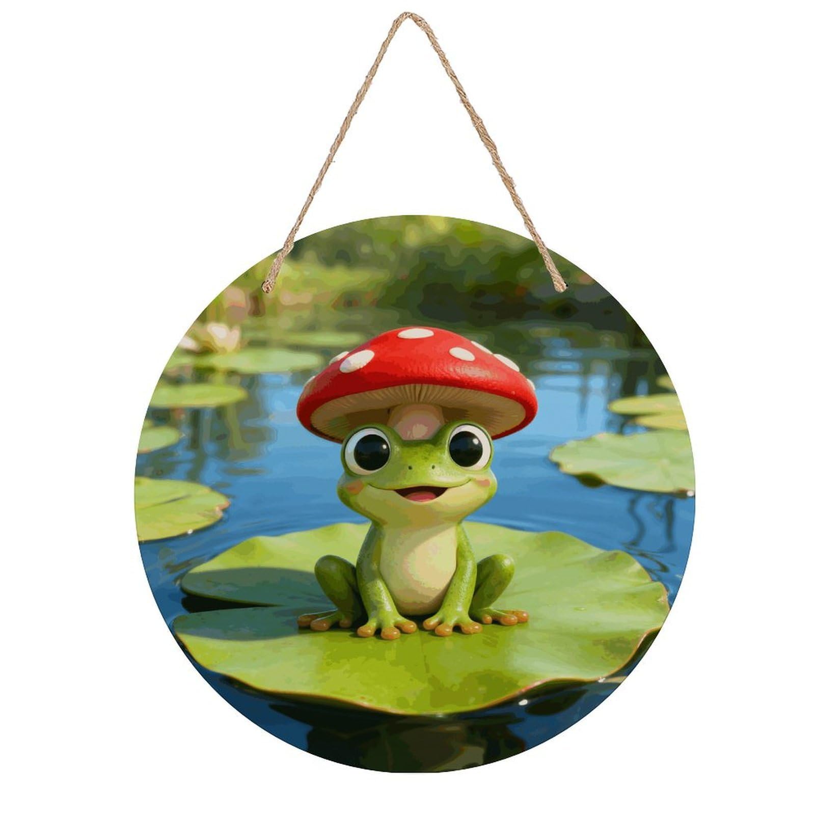 LZQPOEAS Cute Frog Red Mushroom Round Wood Wall Art Painting, 7.9 Inch Circular Wooden Door Hanger Decorative Paintings, Rope-Hanging Wooden Wall Plaque for Home Decor And Office Party