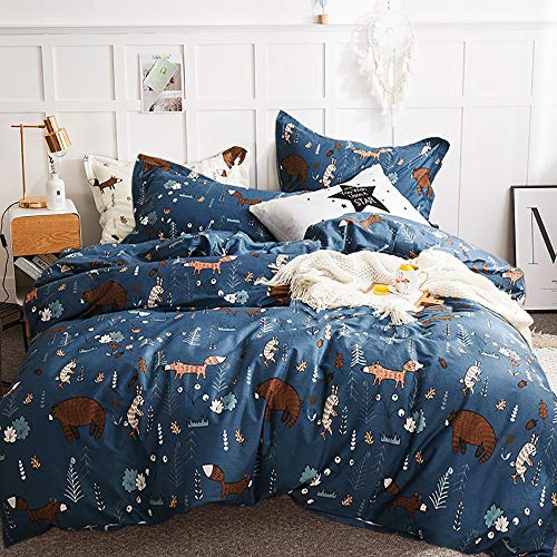 CLOTHKNOW Kids Queen Comforter Set 3Pcs Blue Bear Bedding Comforter Sets Cartoon Queen Comforter Forest Fox Rabbit Comforter with 2 x Pillow Cases