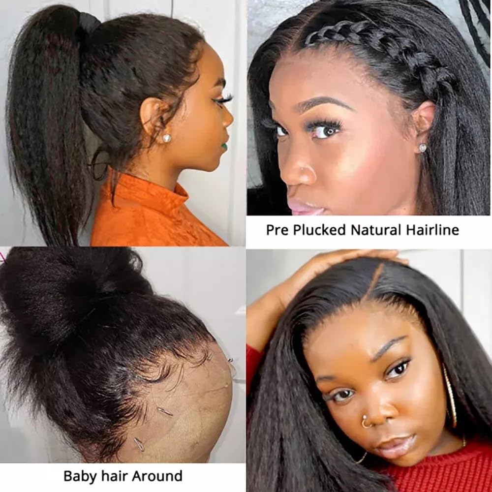 Urshiney 4x4 Yaki Lace Front Human Hair Wig for Black Women Brazilian Virgin Hair Kinky Straight Frontal Wigs Pre Plucked With Natural Hairline 180% Density Natural Color 26 Inch - Image 4