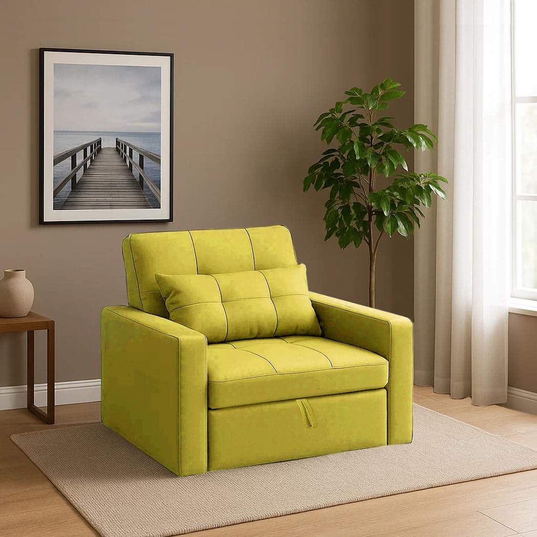 CASASTYLE Trissa 1 Seater Pull-Out Premium Fabric Sofa Cum Bed Sofa Set for Living Room (Yellow Fabric)-image-43