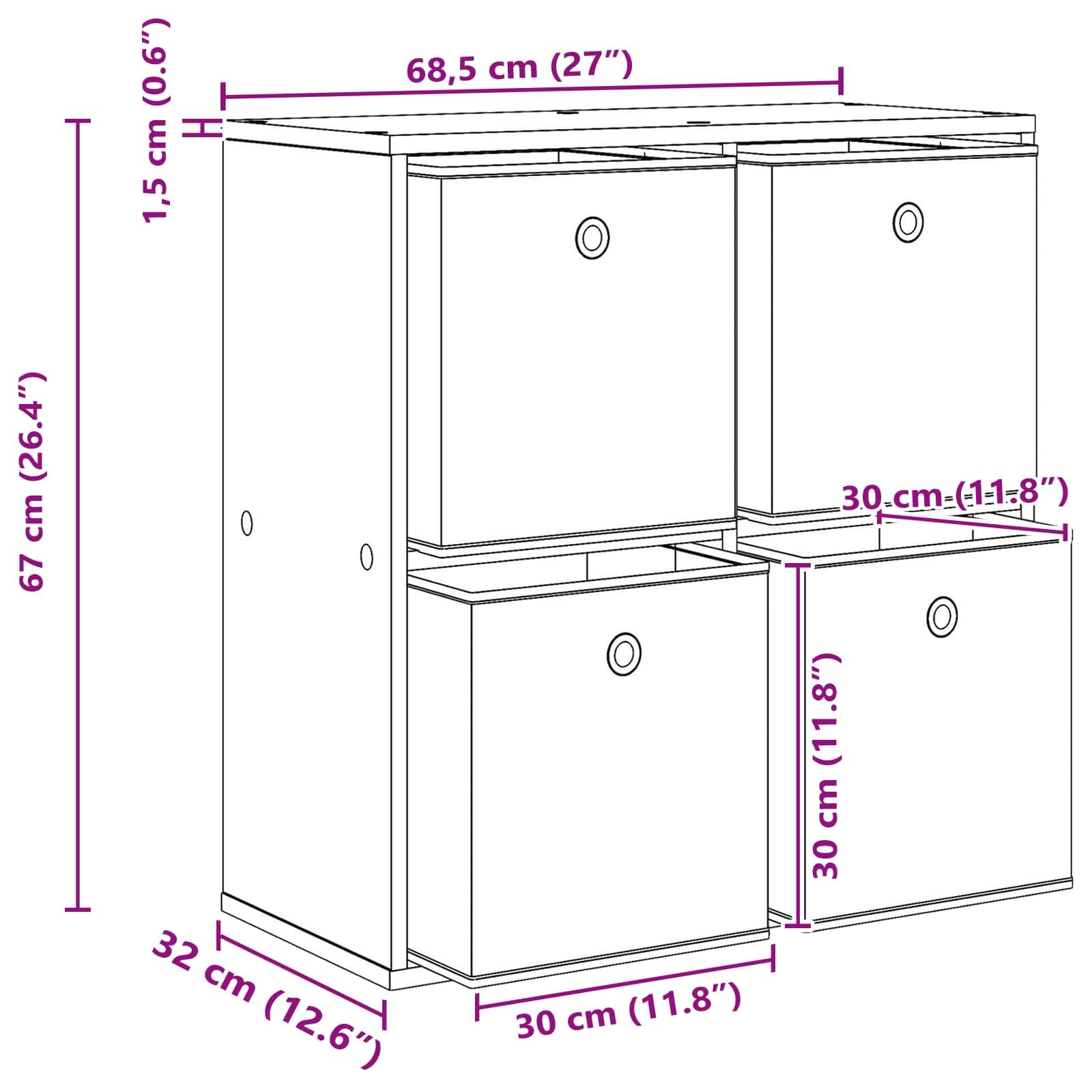 Credenza bianca 68,5 x 32 x 67 cm con 4 cassetti, per soggiorno, sala da pranzo, ufficio, moderna, salvaspazio, scaffale, organizer