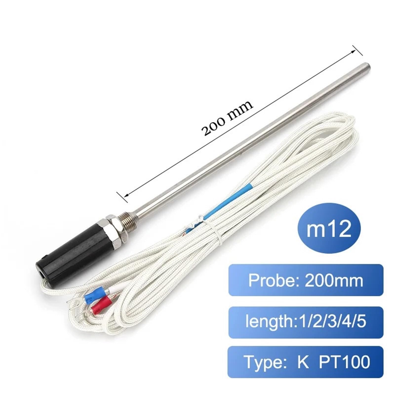 200mm gwint termopara M12 K czujnik temperatury PT100 Długość 1/2/3/4/5 M 0-600 °C Śruba sterownika sondy (typ K 4M)