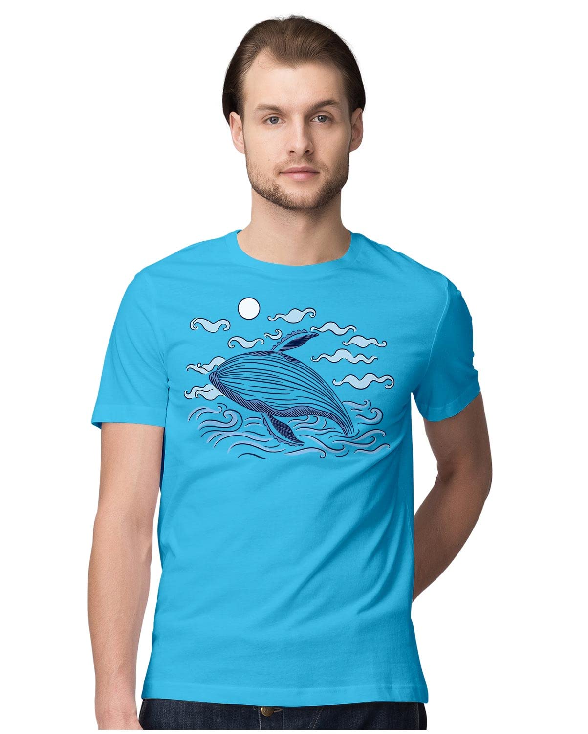 HeybrohMen's Regular Fit T-Shirt Whale in Ocean Illustration 100% Cotton T-Shirt