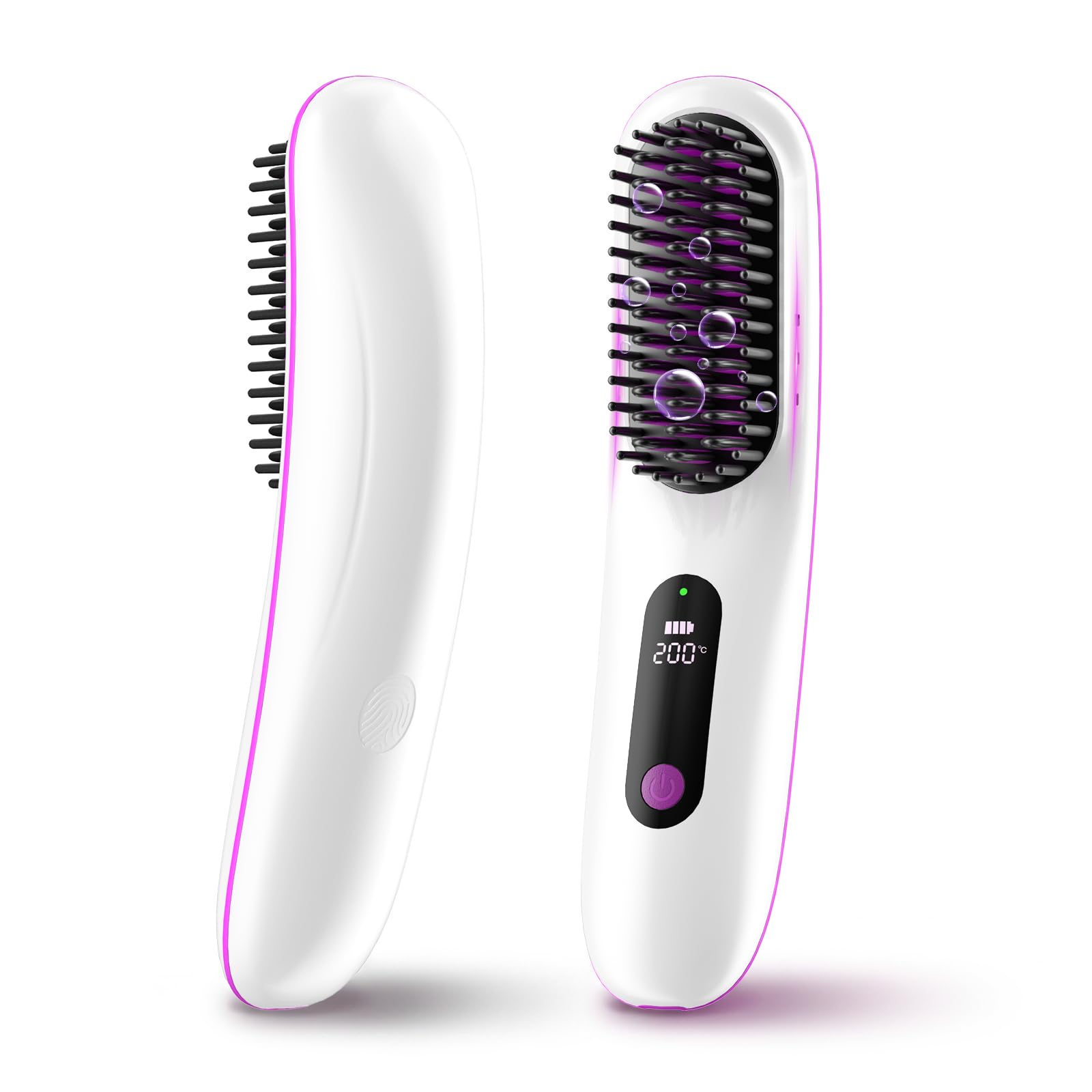 Cordless Hair Straightener Brush, Portable Hair Straightening Brush with Plasma Technology, Anti-Scald & Fast Heating, Rechargeable Hair Brush for Smooth, Frizz-Free & Shiny Hair（White）