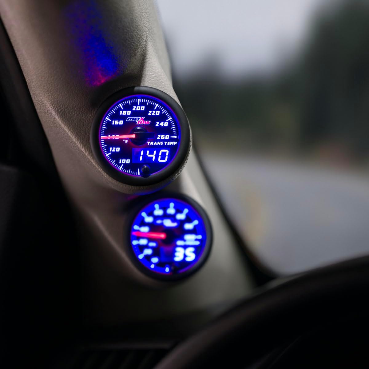 MaxTow Double Vision 260 F Transmission Temperature Gauge Kit - Includes Electronic Sensor - Black Gauge Face - Blue LED Illuminated Dial - Analog & Digital Readouts - for Trucks - 2-1/16" 52mm