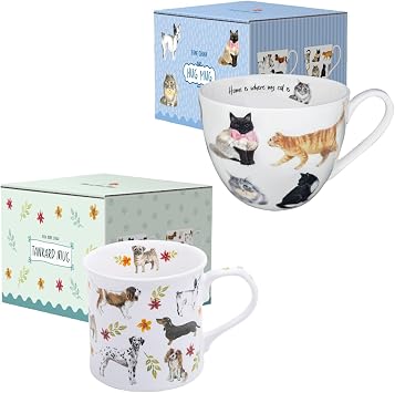 Kawaii Cat and Dog Coffee Mug, 12 oz Ceramic Dog Mug+20oz Bone China Cat Tea Coffee Cup, Perfect Christmas & Thanksgiving Gifts for Pet Lovers, Designed in England by Harvest Green Studio