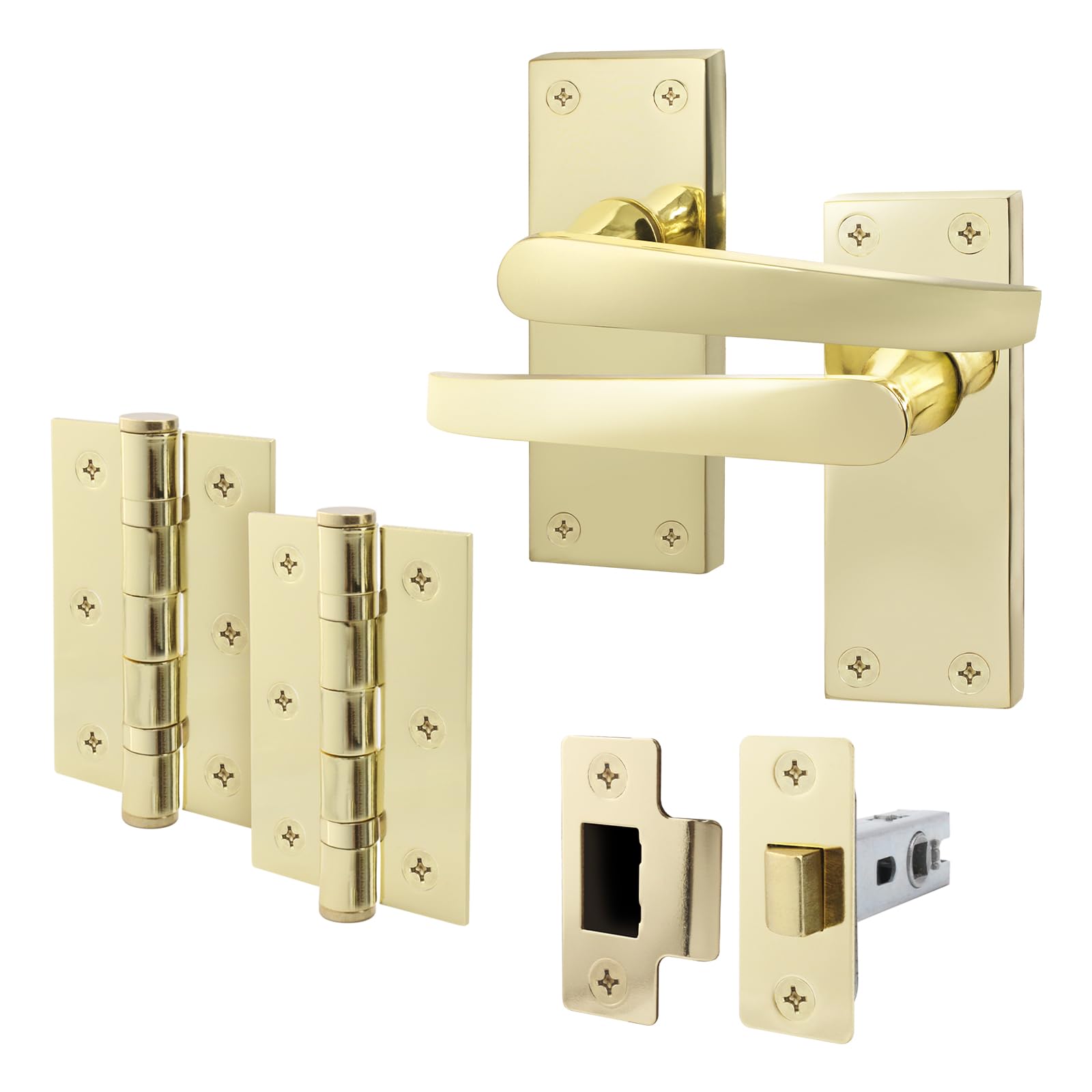 EAI Polished Brass Door Handles with Latch 64mm and Hinges