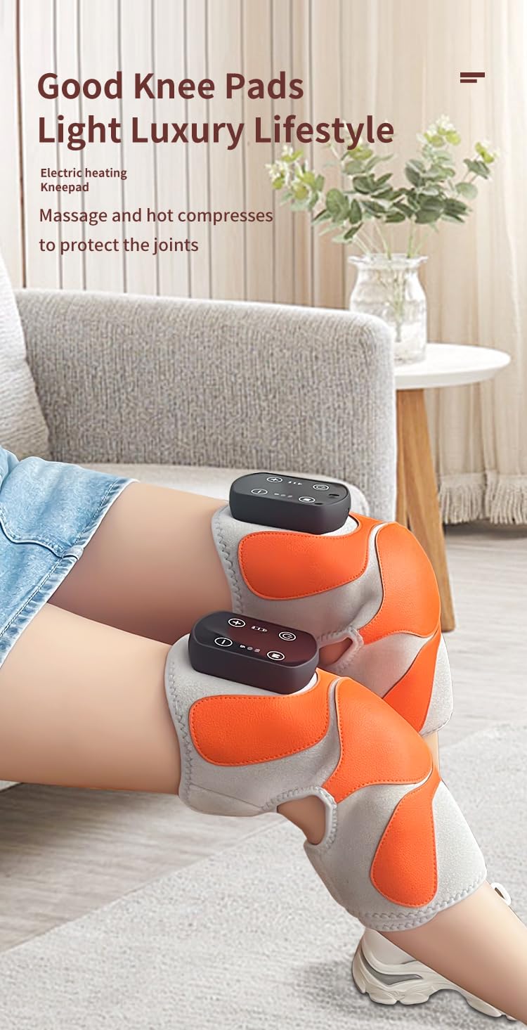Electric Heating KneePad with Massage function, Heat and Vibration Therapy, Joint Protection, Relieve Knee Soreness, Knee Brace Wrap, Orange and Blue color, easy to use.