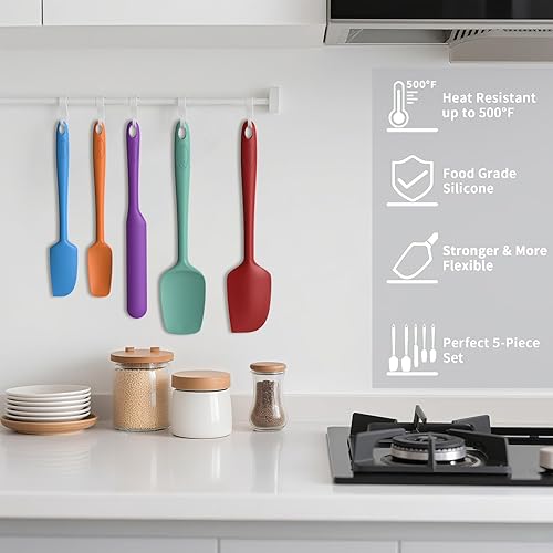 Miniatura 4 de Coukre Juego de 5 espátulas de silicona, alta resistencia al calor, silicona de grado alimenticio, mango reforzado extendido mejorado, apto para
