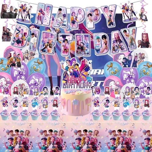 K Pop Demon Hunters Party Supplies 50 PCS Birthday Decorations Set Include Banner Balloons  Hanging Swirls Cake Cupcake Toppers Tablecloth for Boys Girls Hunters Theme Party