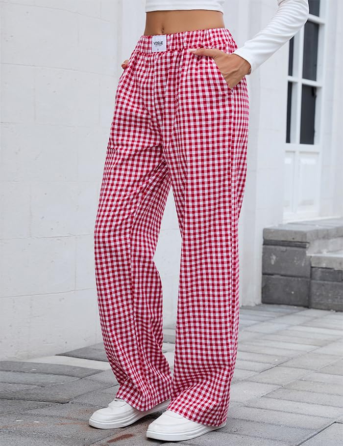 Women's Casual Elastic Waist Plaid Pants Trendy Pajama Pants Breathable Y2k Trousers with Pockets3