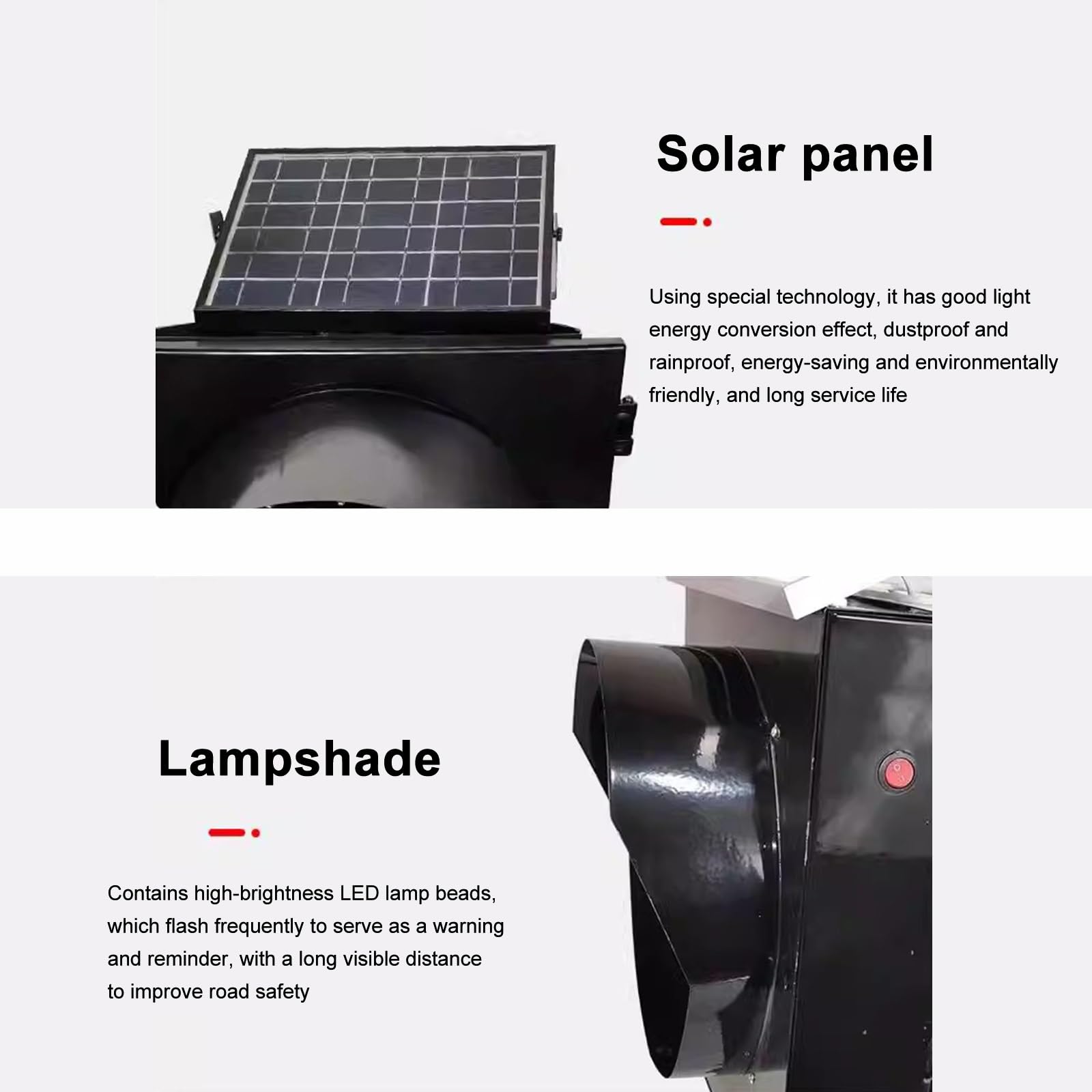 Solarna lampka sygnalizacyjna, 300 mm, migający czerwony znak z panelem słonecznym i osłoną przeciwsłoneczną dla lepszej widoczności na skrzyżowaniach i zakrętach, ekologiczne rozwiązanie do kontroli