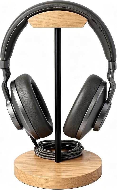 Soporte para auriculares Naturaleza Madera y metal Soporte para colgador Gancho Soporte para juegos Auriculares de escritorio Artístico Soporte de artesanía funcional para todos los auriculares con base de madera sólida