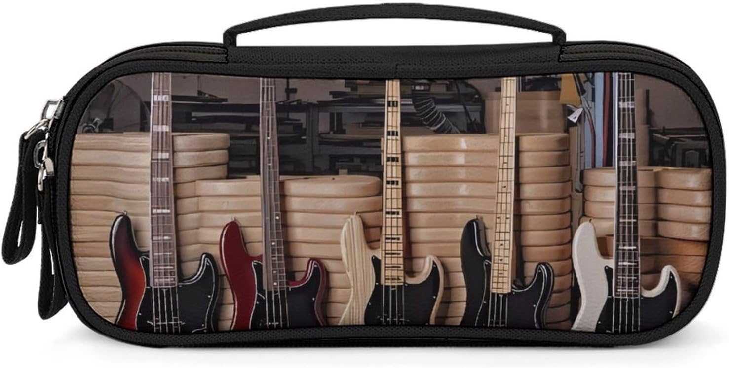 Guitar Bass Music Musical Instruments Multi-Purpose Organiser Pouch with Handle Durable PU Leather Pen Pouch Portable Makeup Storage Bag for Travel Everyday Carry Desk Organisation 21x11x4.5cm Size
