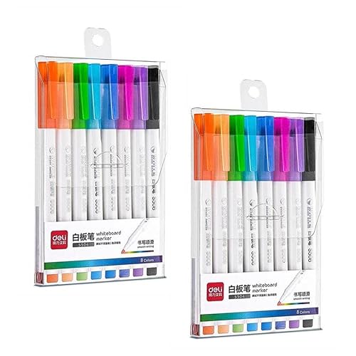 DELI Set mit 2 Filzstiften, 8 Stück, abwischbar, weiße Tafel, Rundspitze, 8 Farben Cover