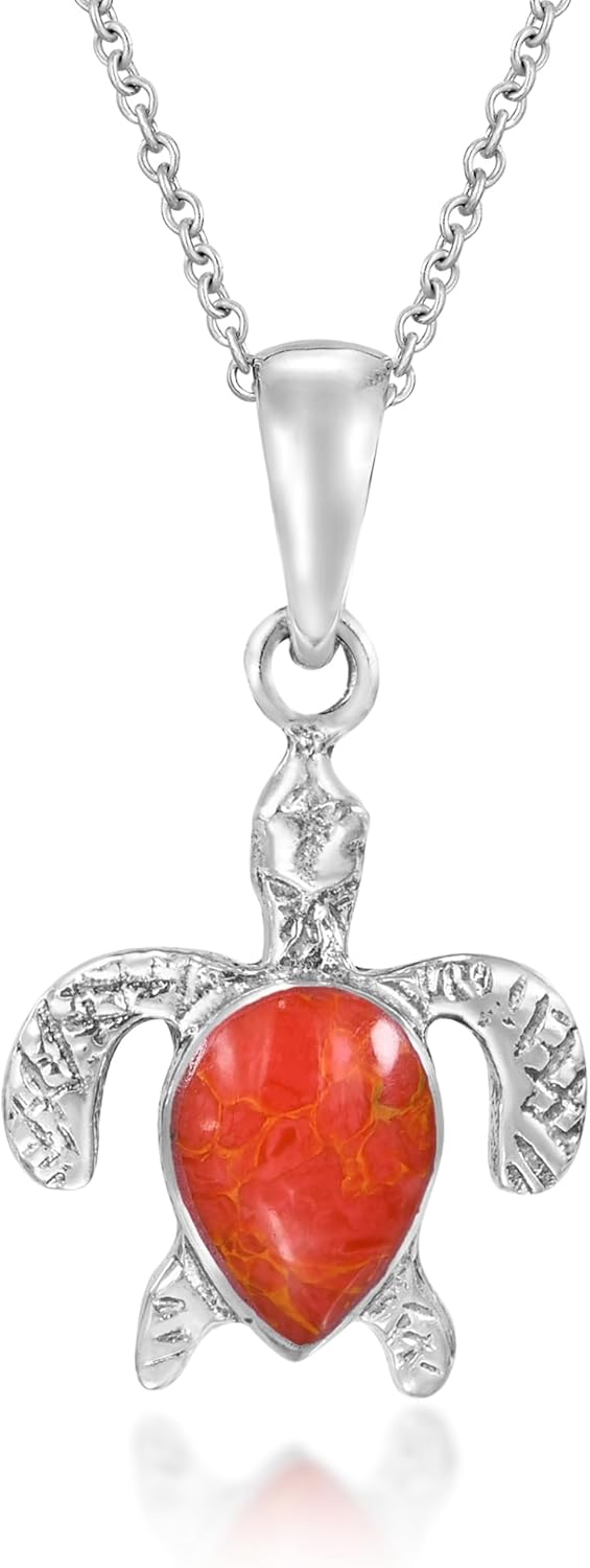 AeraVida Trendy Casual Sea Turtle Reconstructed Red Coral Unisex .925 Sterling Silver Pendant Necklace | Nautical Symbol | Ocean-Inspired Jewelry Gift