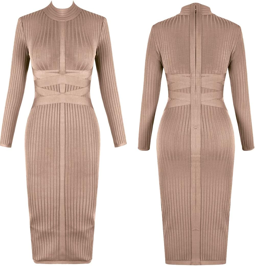UONBOX Women's Long Sleeves Cross Strap Ribbed Club Party Midi Bodycon Bandage Dress - Image 4
