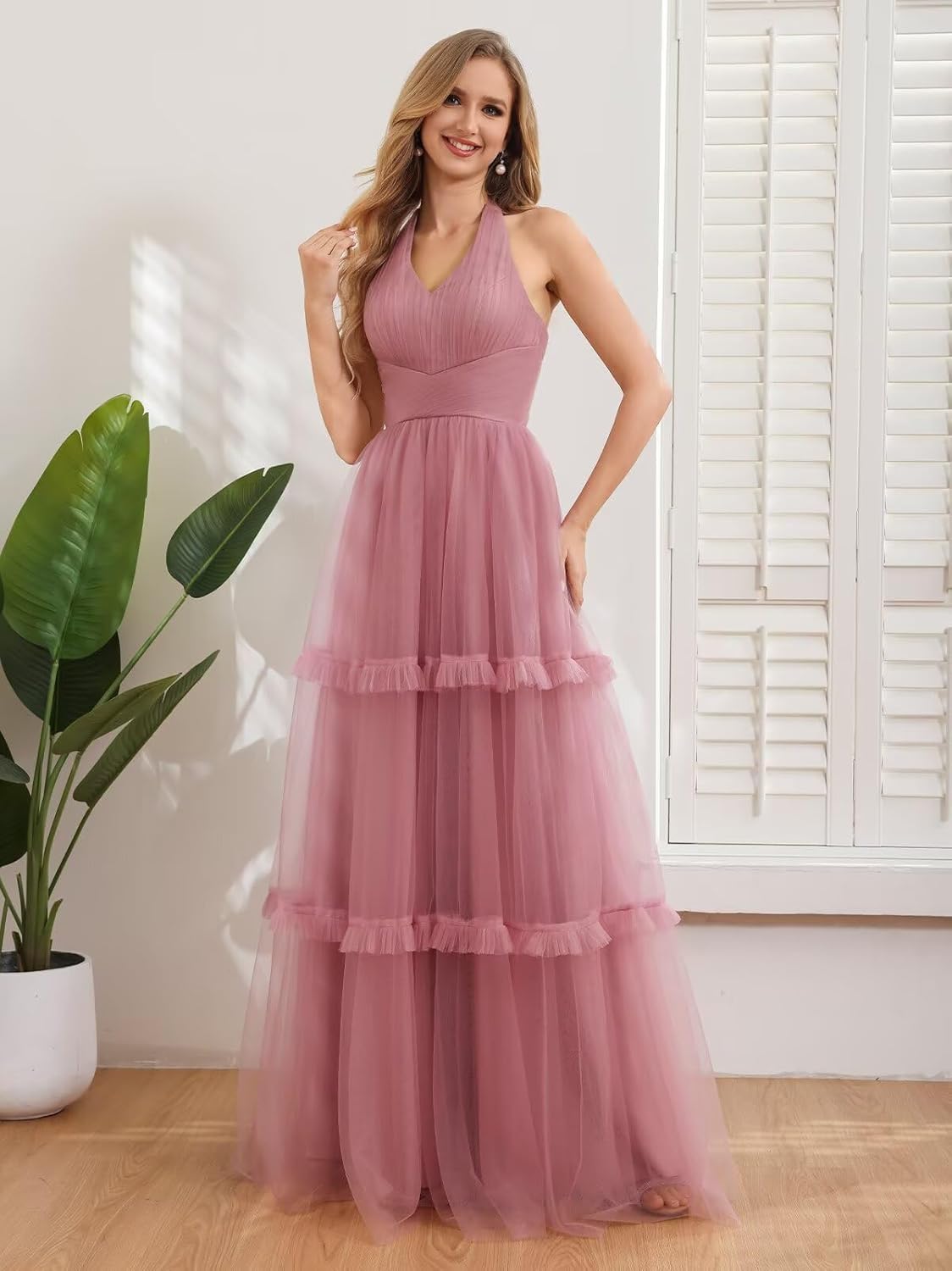 Tulle Tiered A-line Bridesmaid Dresses for Women Long Halter Neck Formal Wedding Guest Dress