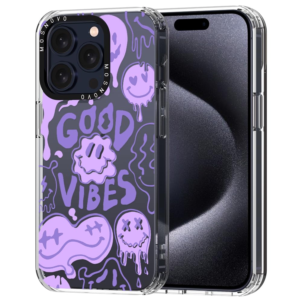 MOSNOVO Case for iPhone 15 Pro, [Buffertech 6.6ft Military-Grade Drop Protection] [Anti Peel Off Tech] Clear TPU Bumper Phone Case Cover Design - Good Vibes