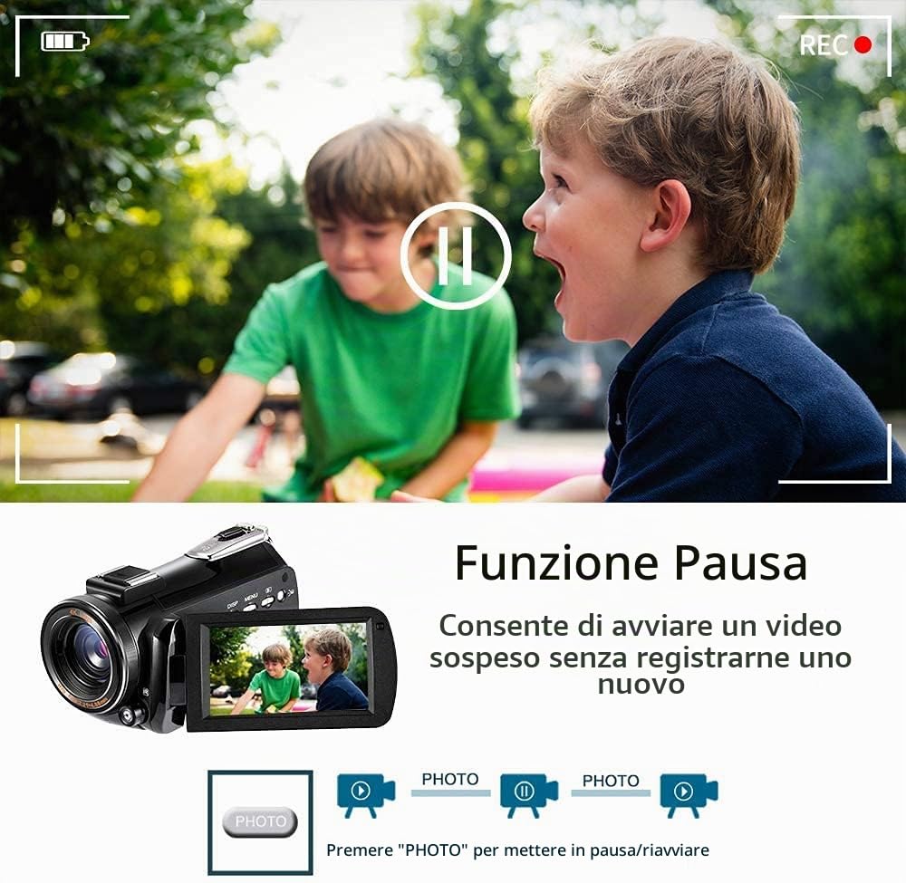 Videocamera ORDRO 4K Videocamera Full HD 1080P 60FPS Vlogging per YouTube Zoom Digitale 30X Schermo IPS da 3,1 "con Microfono, Luce LED, Supporto per Fotocamera e Custodia per il Trasporto