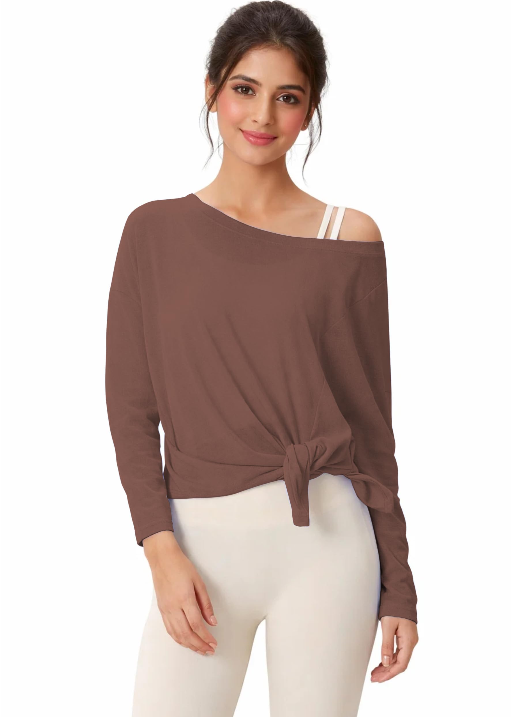 Women Long Sleeve Off Shoulder Pullover Loose Workout Top with Side Tie Slit Active Wear Yoga Shirt for Women