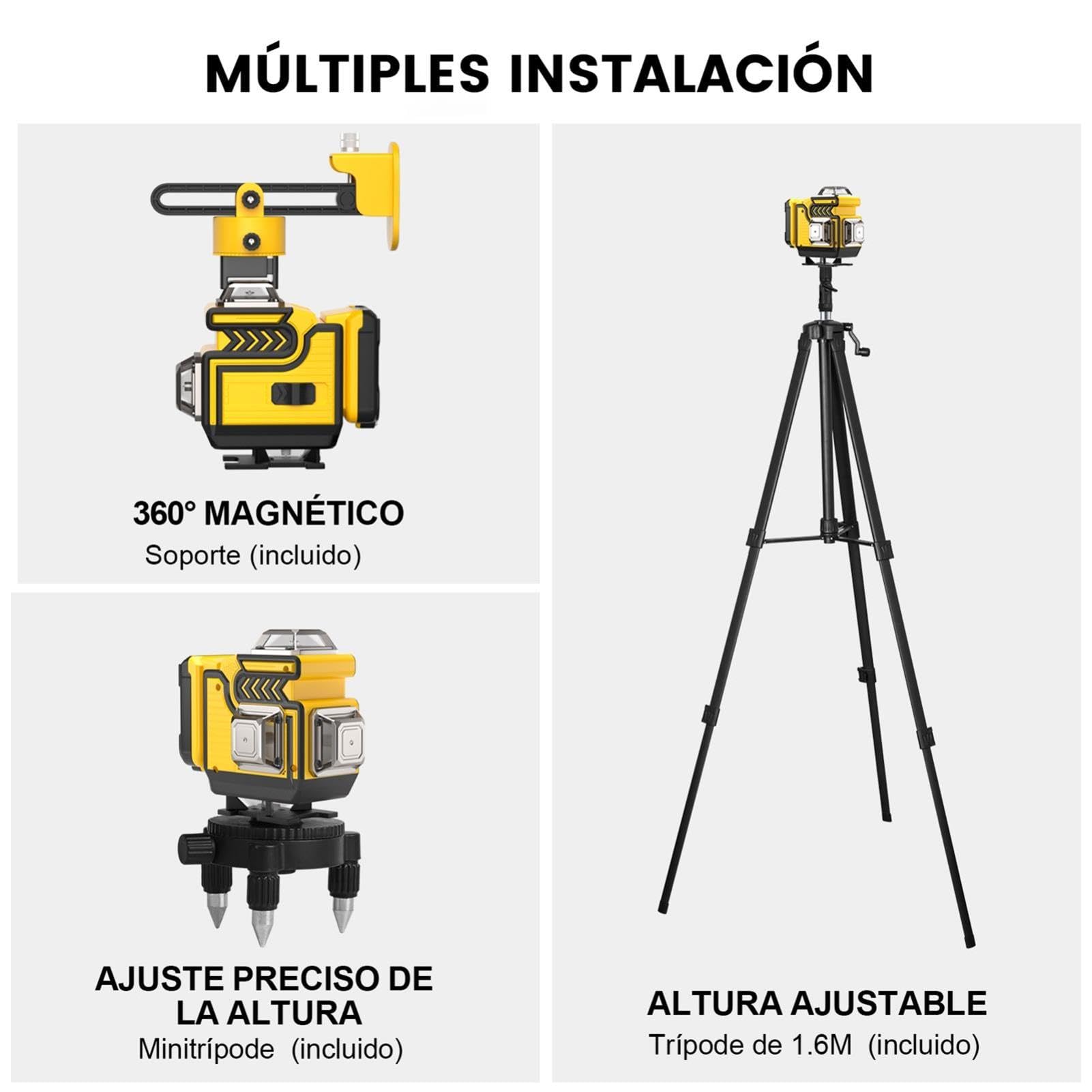 Nivel Laser Autonivelante 4 x 360° - cjumel 4D 16 líneas Verde Nivel Láser Multifuncional Laser Level con 1.6M Tripode, Mando a Distancia, 5400 mah Batería
