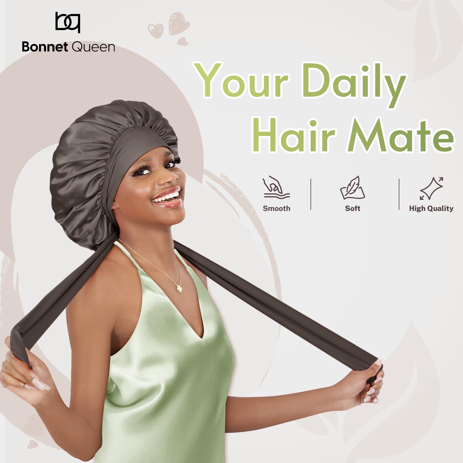 BONNET QUEEN Cuffia Seta Capelli Notte Regolabili Cuffia Capelli Ricci Bonnet con Lacci Lunghi Morbida e Protettiva Anti-Crespo, Grigio Dorata