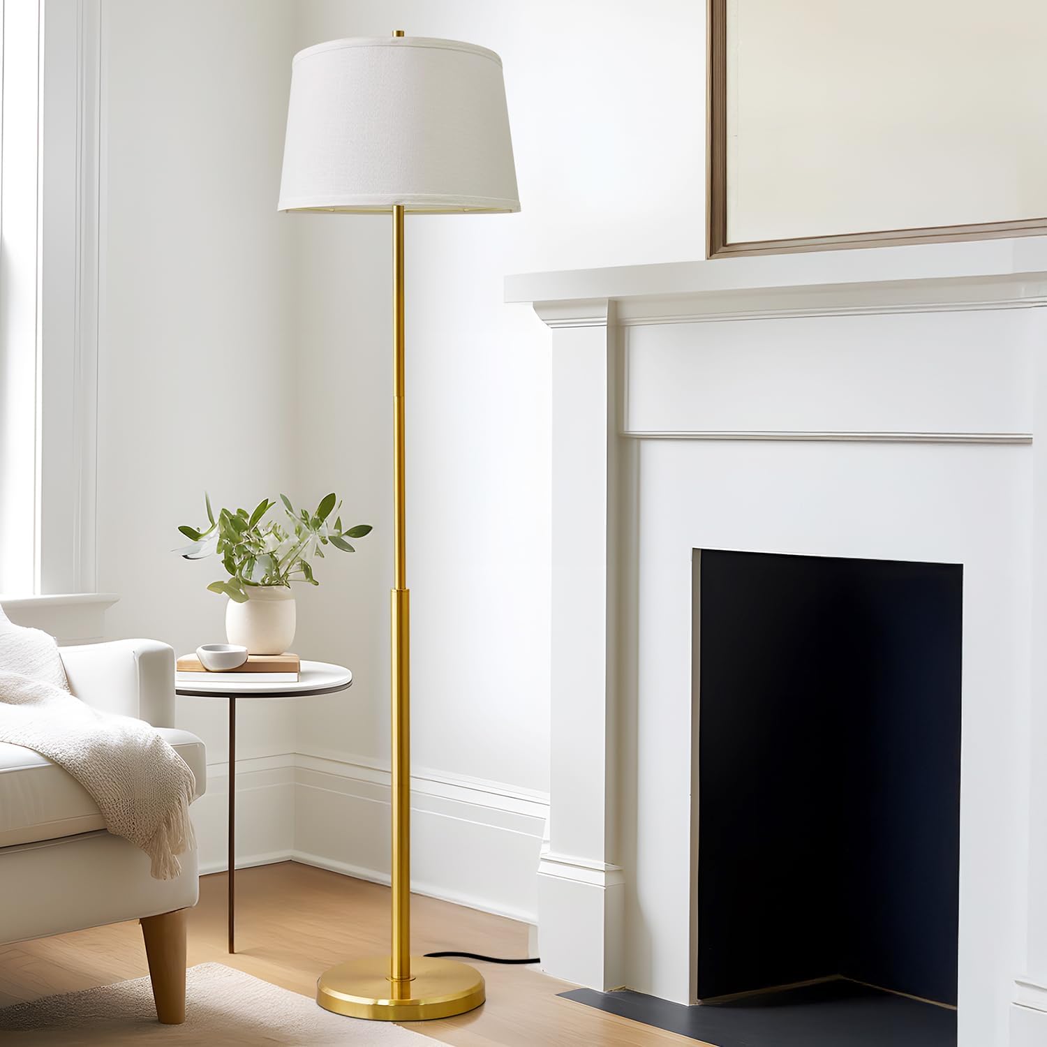 Oneach 61" Floor Lamp for Living Room, Gold Modern Standing Lamp with White Linen Shade, Brass Tall Pole Light with Rotary Switch for Bedroom, Office, Reading Room Gold - 61 inch