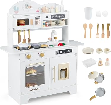 COSTWAY Wooden Toy Kitchen, Kids Pretend Play Kitchen with 17 Pcs Accessories, Realistic Microwave, Oven, Coffee Maker, Sink, Interactive Toy Role Play Playset for 3+ Years Old White