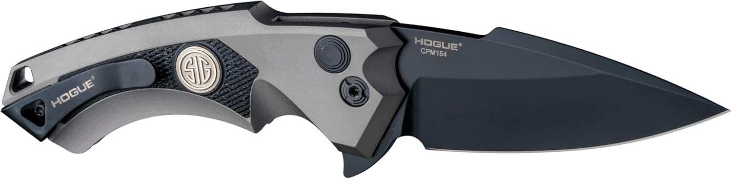 Hogue SIG X5 Tactical 3.5” Flipper CPM 154 Spear Point Blade Black Cerakote Finish, Aluminum Frame w/Checkered Black G10 Inserts Manual Knife, Matte Grey - 36572