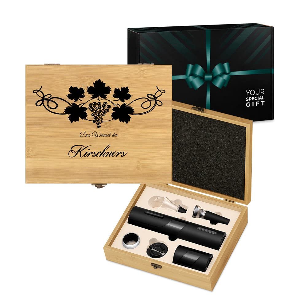 Maverton 6er Weinset in Geschenkbox mit Aufdruck - Flaschenöffner Set - elektrischer Weinöffner - Weinzubehör für Paare - Wein Dekantierset zur Hochzeit zum Hochzeitstag - Blättern